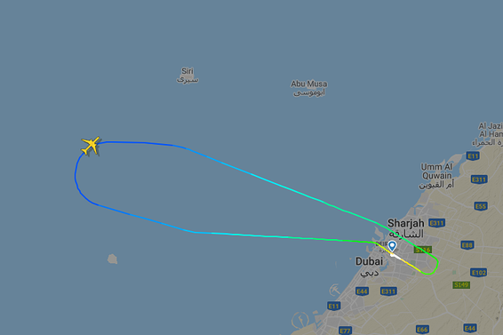 מסלול הטיסה שיצאה מדובאי // צילום: flightradar 24